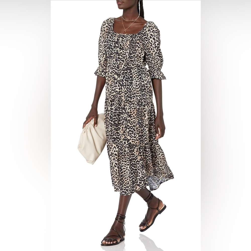 Small The Drop Keyla Puff-Sleeve Square-Neck Tiered Midi Dress in Leopard Print
